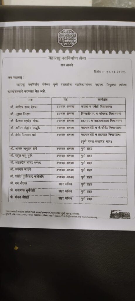 मनसेची पुणे शहराची कार्यकारणी जाहीर ; राज ठाकरेंचा कोथरूडचा शिलेदार सुधीर धावडेच… Img 20210310 wa0011
