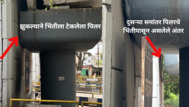 कर्वेनगर चौकातील उड्डाण पुलाचा पिलर खचल्याने एका बाजूला झुकला असल्याचे स्थानिकांच्या निदर्शनास ; धोका टाळण्यासाठी तातडीने उपाययोजनेची मागणी