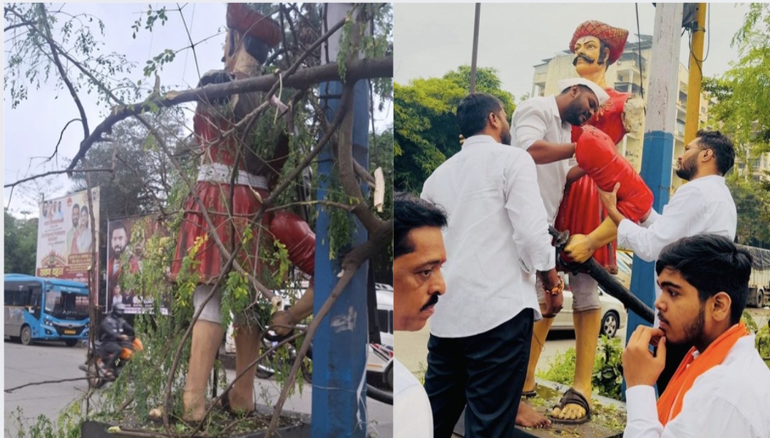 कर्वेनगरमध्ये दुभाजकावर बसवलेल्या  मावळ्याच्या पुतळ्याचे झाड पडल्याने नुकसान..